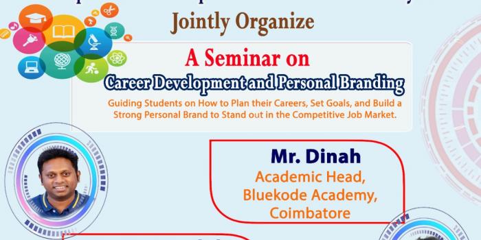 Department of Computer Science (SF) & Department of Computer Science with Data Analytics has organized A Seminar on Career Development and Personal Branding on 07/08/2023 (Monday) between 02.30 PM to 04:30 PM, at Conference Hall. The lecture in this Seminar was given by Mr.Dinah, Academic Head, Bluekode Academy, Coimbatore and Mr.Senthil, Business Head, Bluekode Academy, Coimbatore.