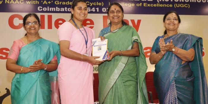 M.P. Kaviya received the Best UG Student Award for the academic year 2025–2026 (Batch 2023–2026) during the College Day celebration held on 5th March 2026.