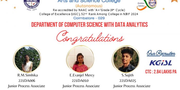 Campus Recruitment 2025: Three students from the Department of Computer Science with Data Analytics have successfully secured placements at KGiSL, with an annual CTC of ₹2.84 lakh.